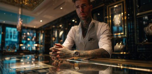 Un vendeur tatoué, une chaine un peu trop visible, la tenue adéquate d’un vendeur en boutique de bijoux ?