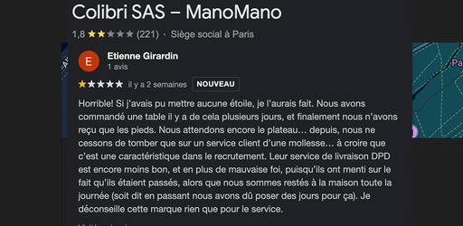ManoMano, marketplace du bricolage. Notée 1,5 par ses clients sur Google, valorisée 2 milliards