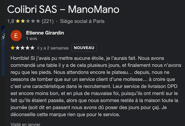 ManoMano, marketplace du bricolage. Notée 1,5 par ses clients sur Google, valorisée 2 milliards