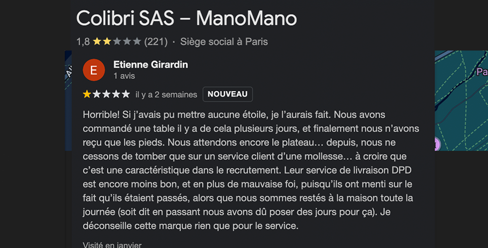 ManoMano, marketplace du bricolage. Notée 1,5 par ses clients sur Google, valorisée 2 milliards